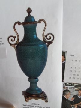 Picture of Green Porcelain Crackle Finish Vase w/ Brass Handles